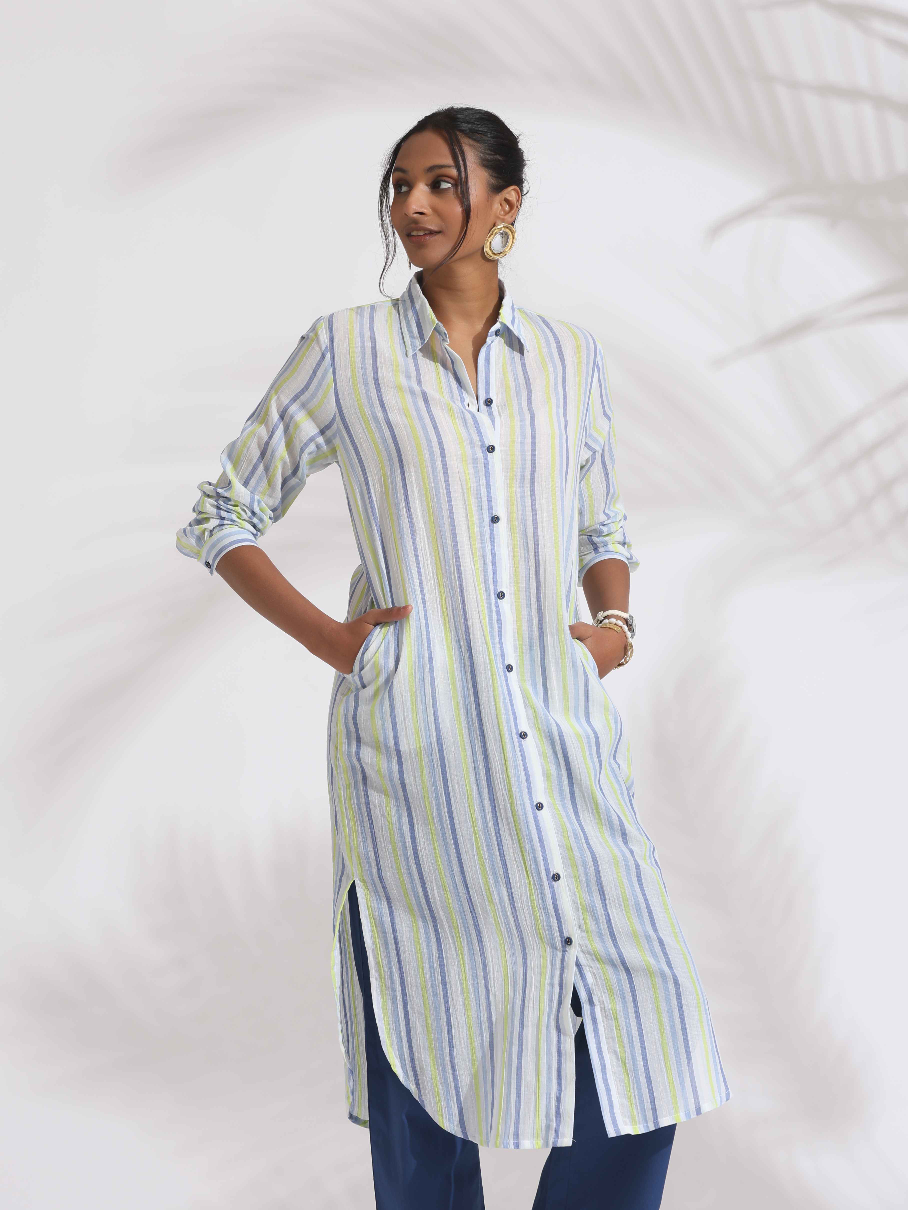 trueBrowns White Cotton Multi Stripe Shirt Kurta Set - Distacart