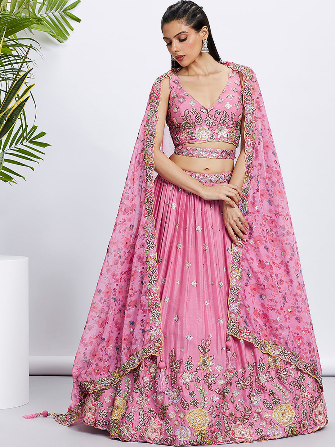 House of Panchhi Lime Green Chiffon Sequins And Thread Embroidery Lehenga Choli & Dupatta
