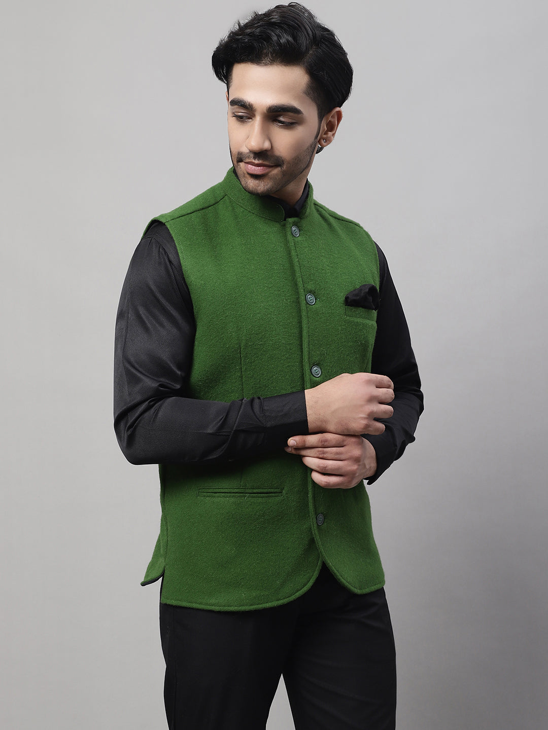 Even Apparels Men's Green Pure Wool Nehru Jacket