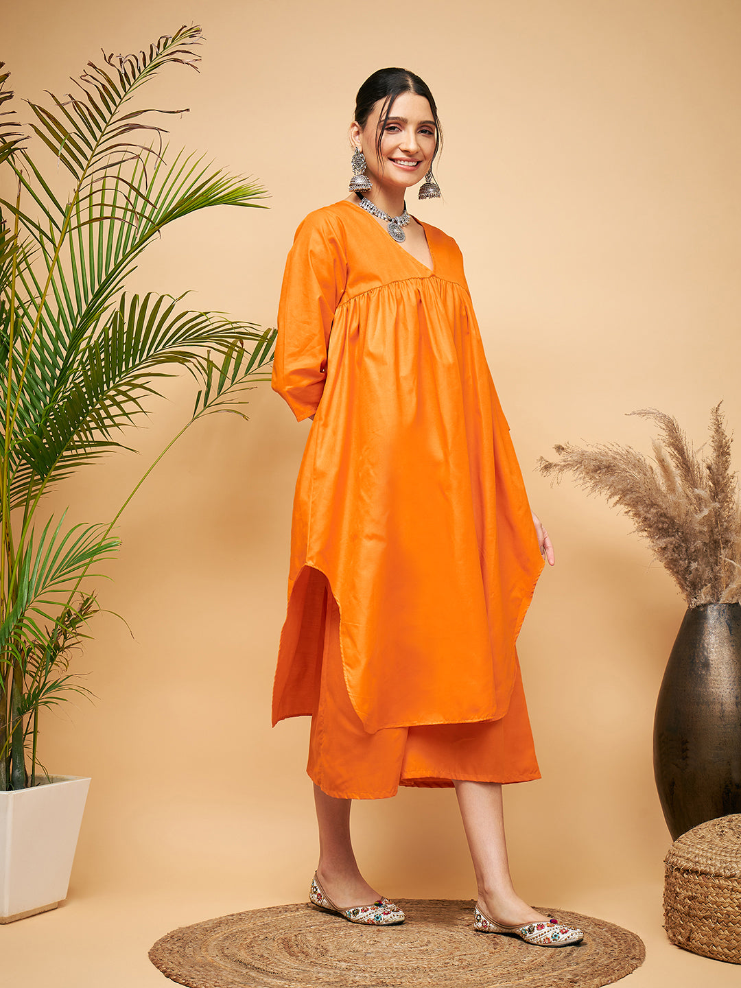 InWeave Women's Orange Flared Kurta Palazzo Set
