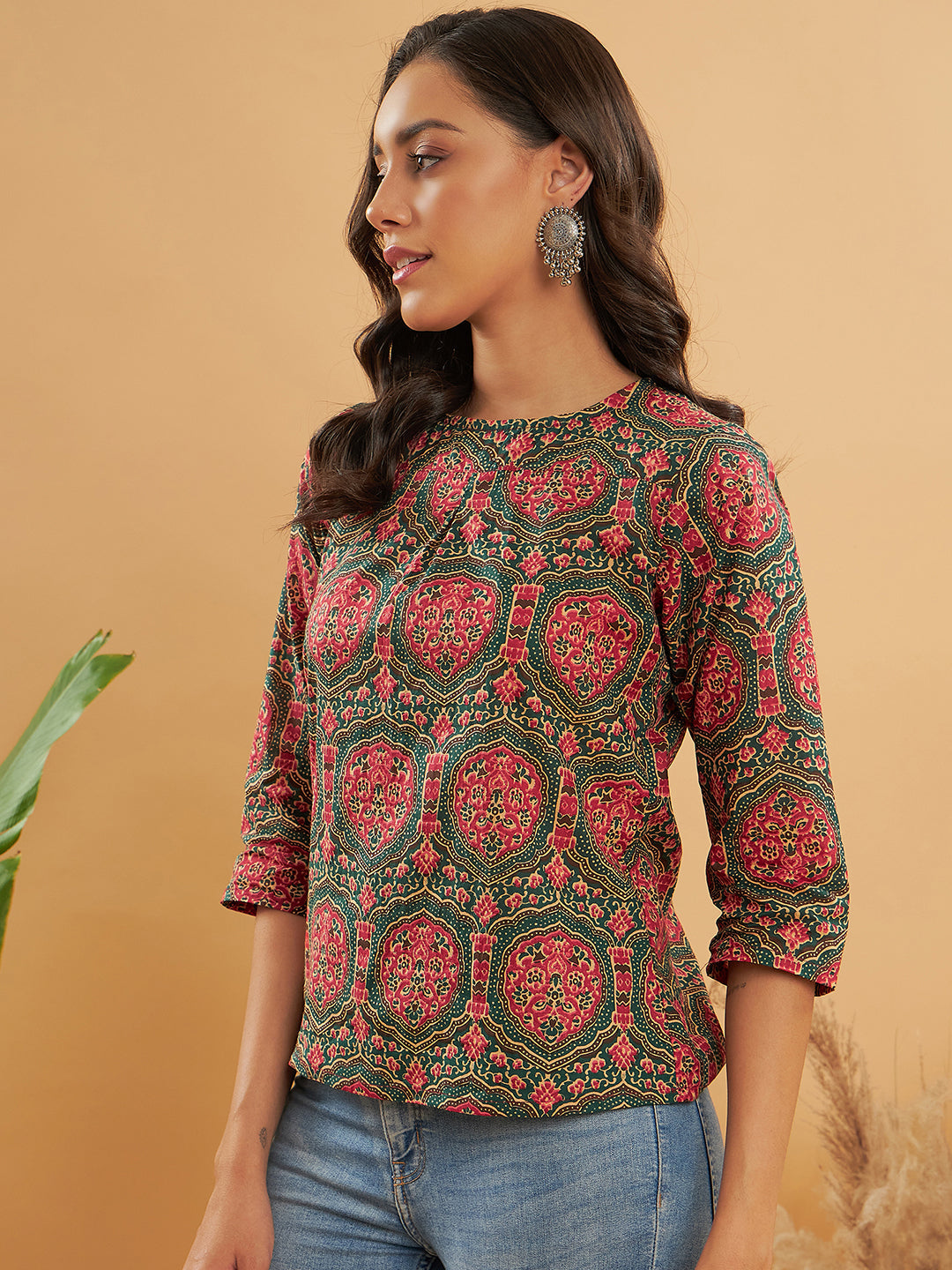 InWeave Women's Green Red Mughal Kalamkari Top