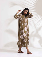 trueBrowns Olive Green Cotton Print Shirt Dress - Distacart
