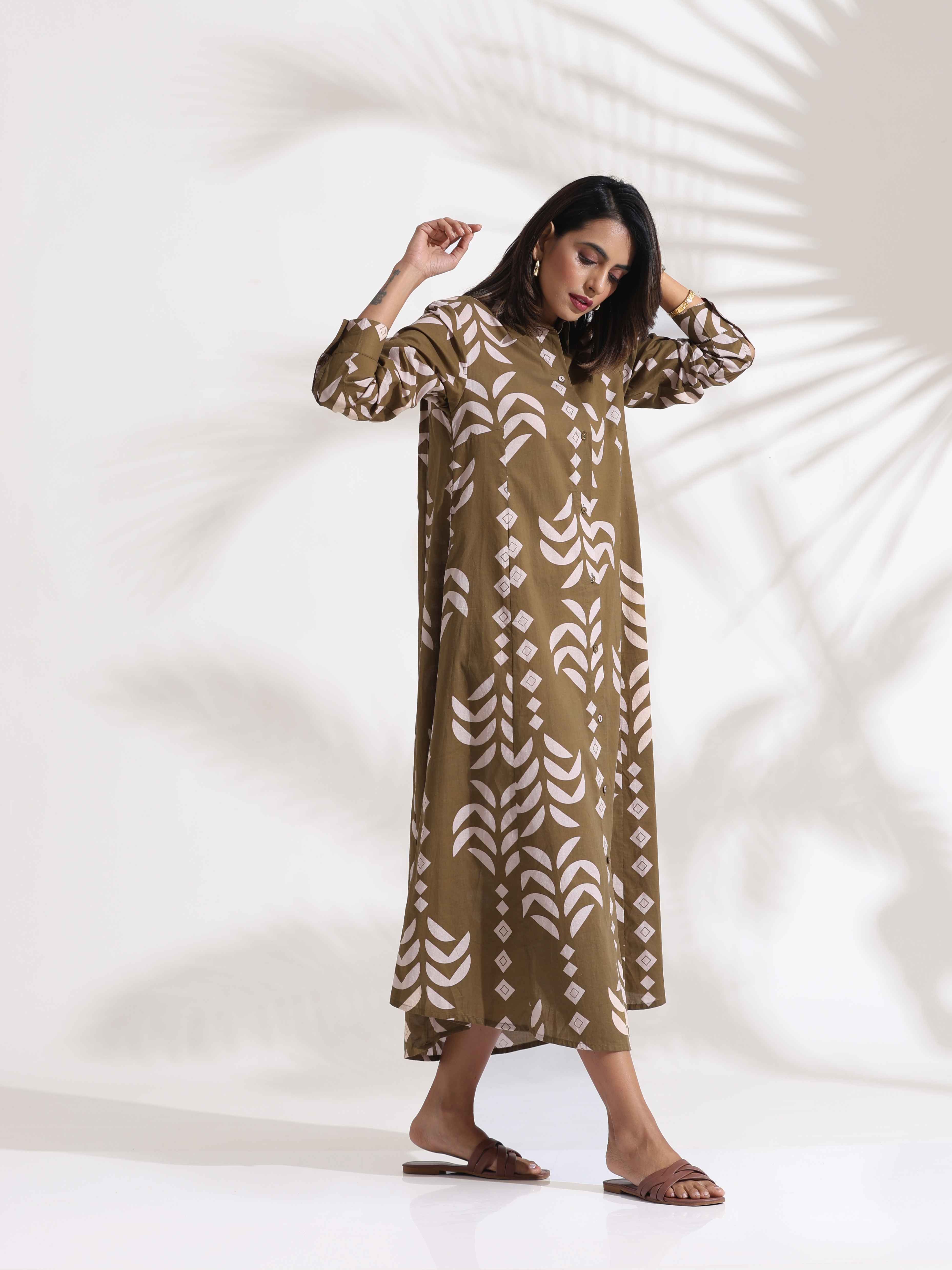 trueBrowns Olive Green Cotton Print Shirt Dress - Distacart