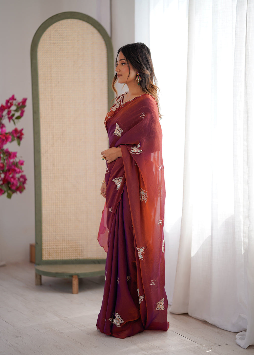 Evanik Rust Mos Silk With Handwork Butterfly Design Saree With Unstitched Blouse - Distacart