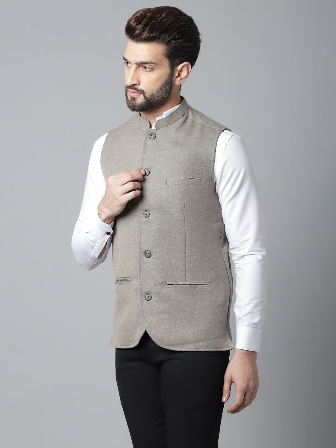 Even Apparels Men's Cream Nehru Jacket With Welt Pockets