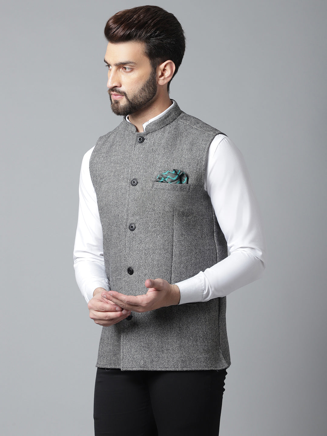 Even Apparels Men's Grey Pure Wool Nehru Jacket