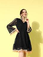 InWeave Women's Black Lacy Dress With Tassles - Distacart