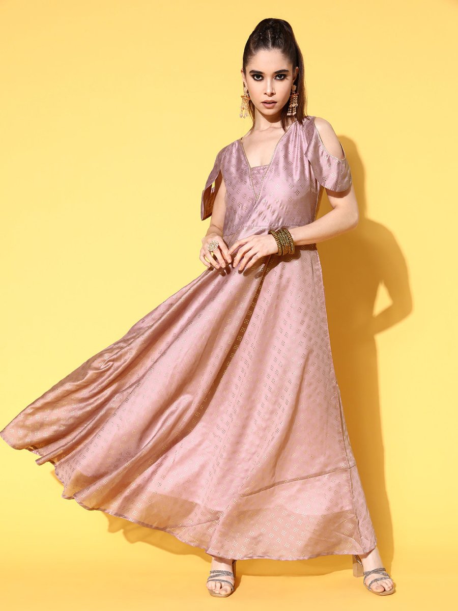 Ahalyaa Chanderi Cold-Shoulders Printed Maxi Ethnic Dress - Distacart