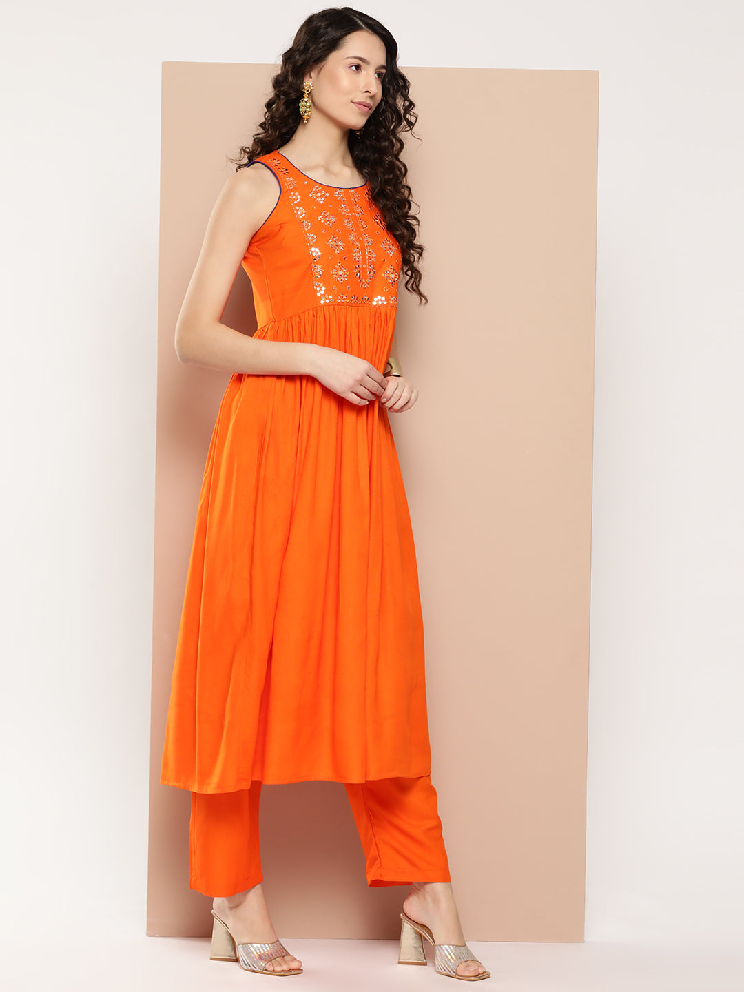 InWeave Women's Orange Mirror Work Aline Strappy Kurta Set W Pink Yellow Leh Dupatta