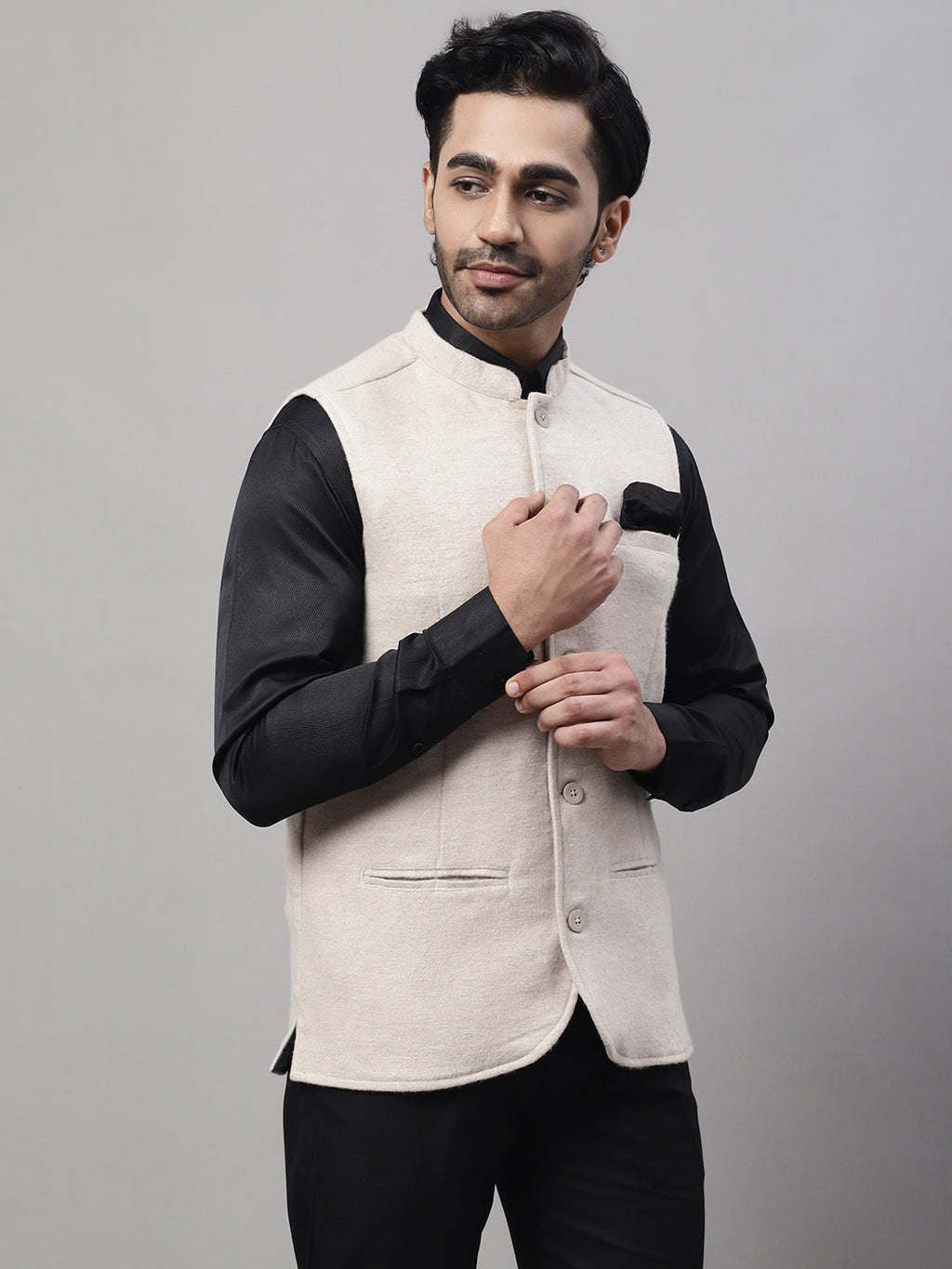 Even Apparels Men's Cream Pure Wool Nehru Jacket