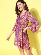 InWeave Women's Fuchsia Floral Prnited Bell Sleeve Short Dress - Distacart