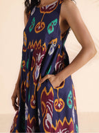 trueBrowns Purple Cotton Ikat Flared Dress - Distacart