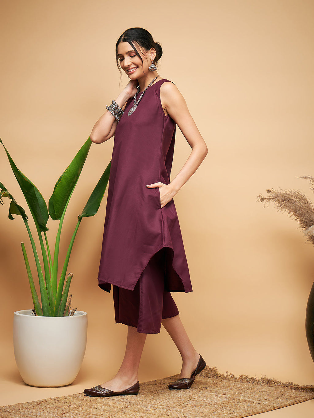 InWeave Women's Wine Solid Short Kurta Palazzo Set