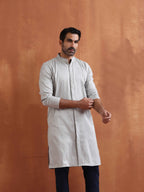 trueBrowns Men's Grey Chanderi Front Open Kurta
