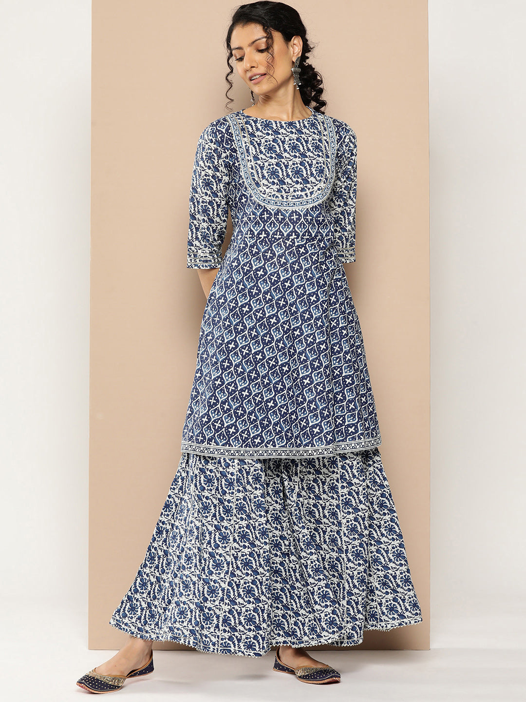 KSUT (House of Varanga) Indigo And White Floral Printed Flared Kurta Sharara Set - Distacart