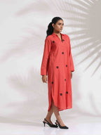 trueBrowns Orange Cotton Embroidered Flared Dress - Distacart