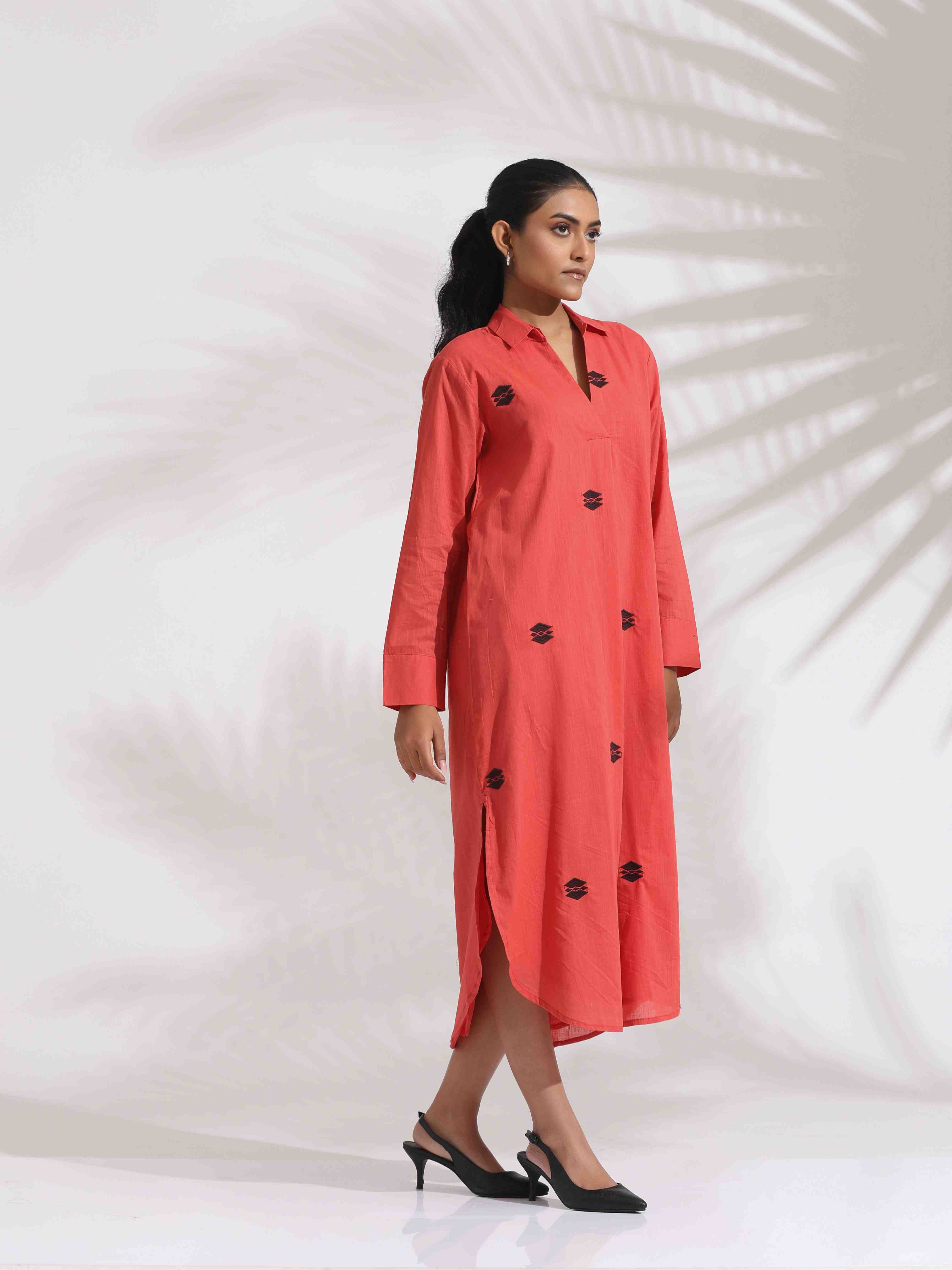 trueBrowns Orange Cotton Embroidered Flared Dress - Distacart