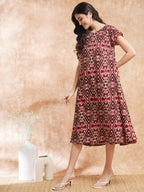 InWeave Women's Wine Ikkat Print A Line Dress - Distacart