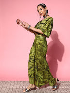 InWeave Women's Olive Tie And Dye New Neckline Top Culottes Set