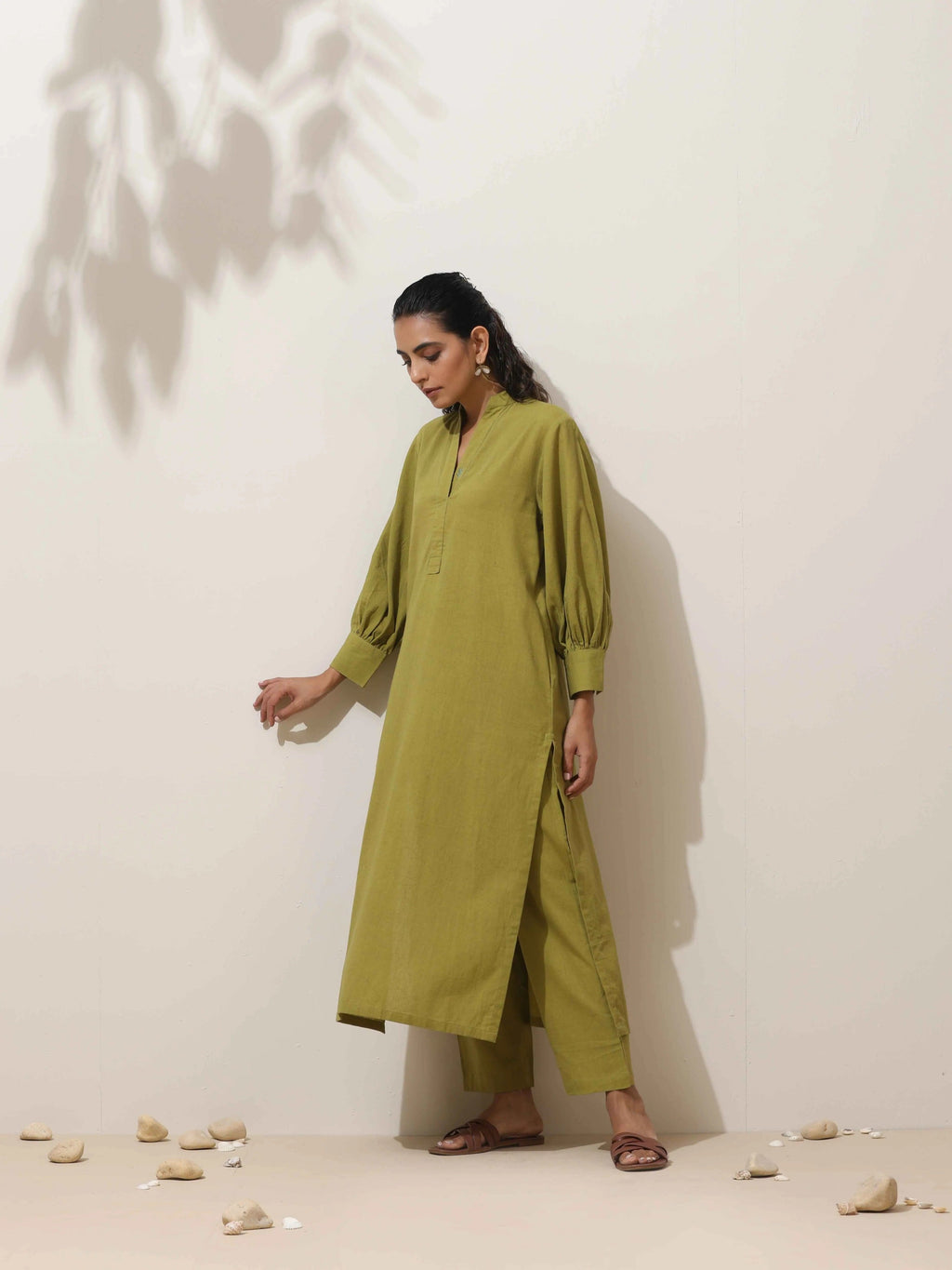 trueBrowns Pear Green Cotton Linen Kurta Pant Set - Distacart