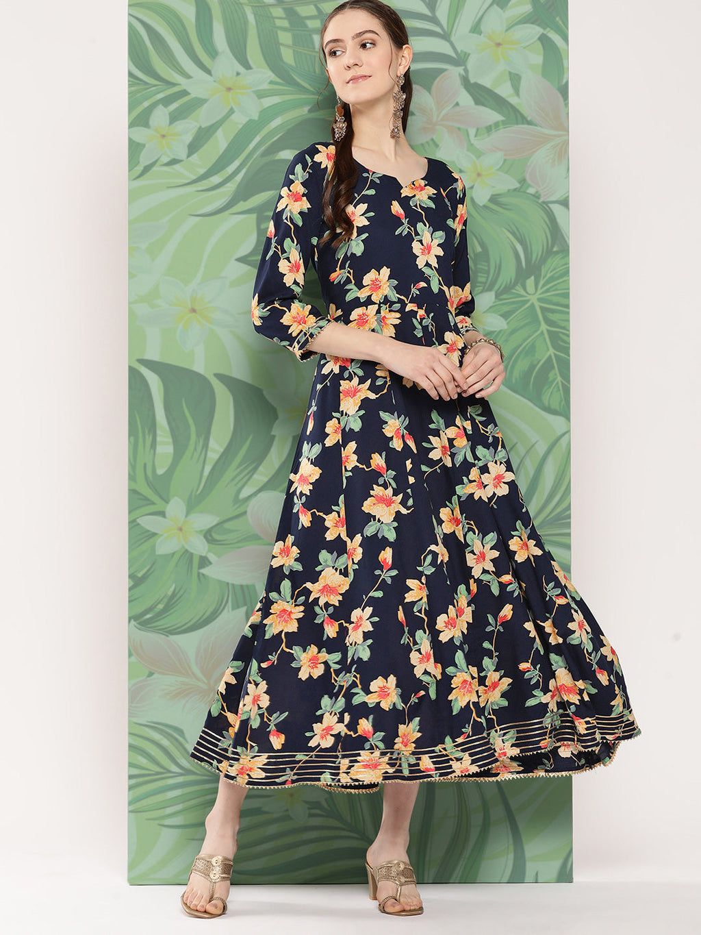 InWeave Women's Black Tropical Print Gota Long Dress - Distacart