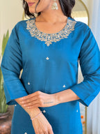 The52 Women's Beautiful Roman Silk Embroidered Straight Kurta with Pant And Dupatta Set - Distacart