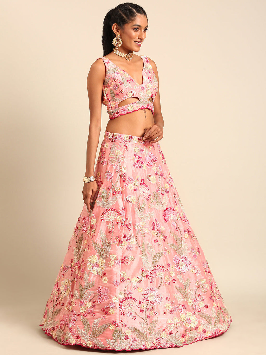 House of Panchhi Pink Organza Sequins And Zarkan Embroidery Lehenga Choli & Dupatta