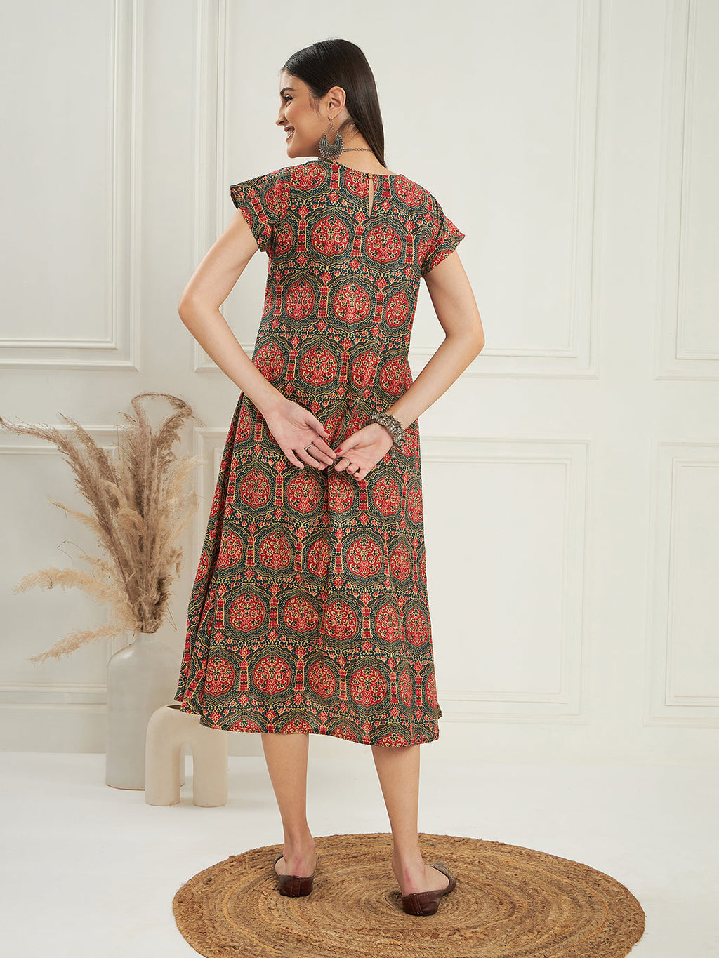 InWeave Women's Green Red Mughal Kalamkari A Line Dress - Distacart