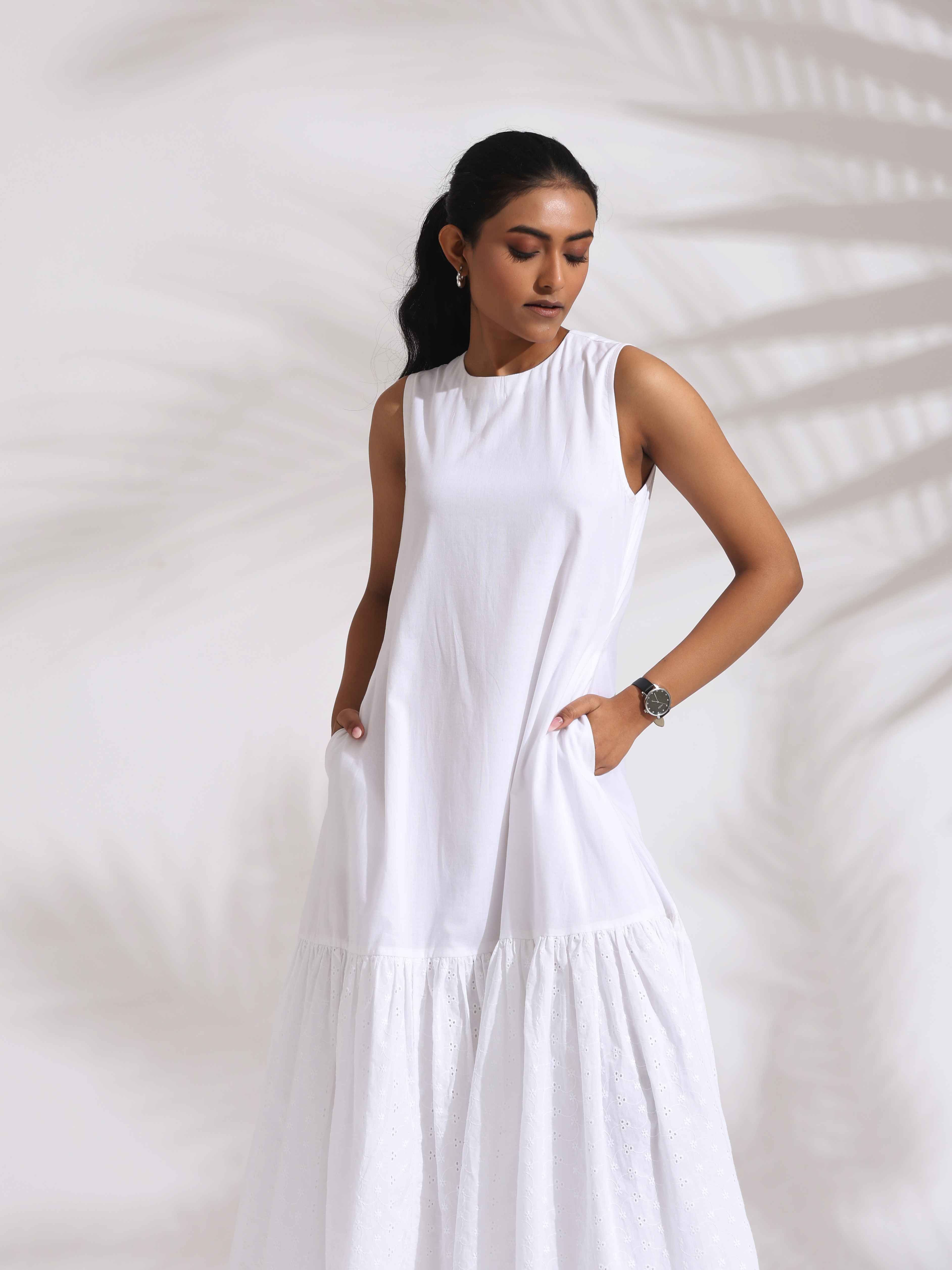 trueBrowns White Cotton Schiffli Tier Dress - Distacart