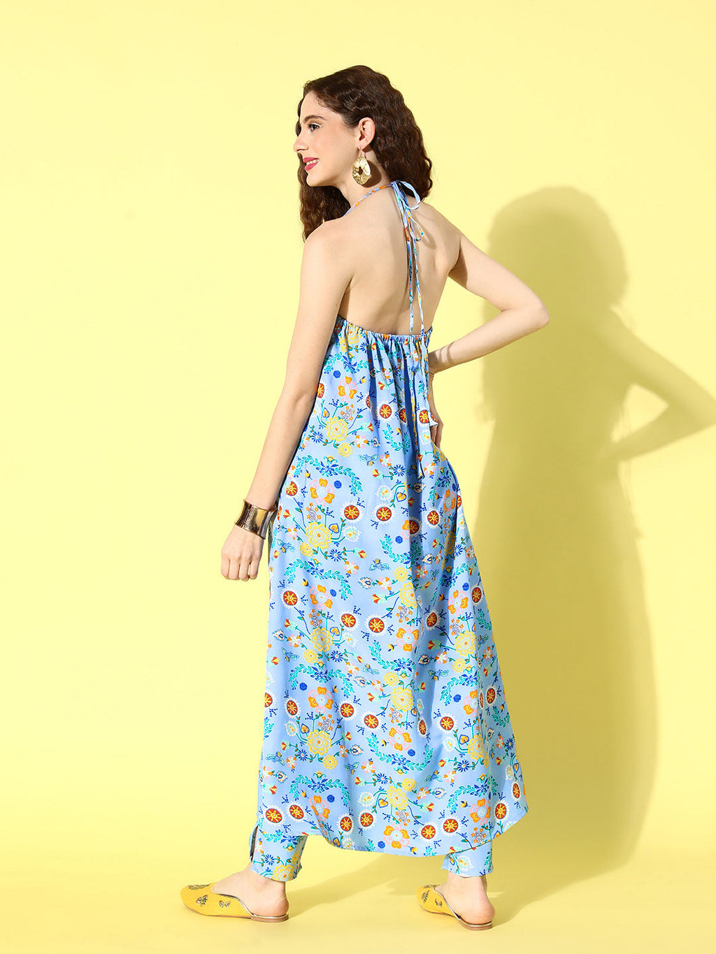 InWeave Women's Sky Blue Print Backless Long Kurta Pant Set