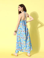 InWeave Women's Sky Blue Print Backless Long Kurta Pant Set