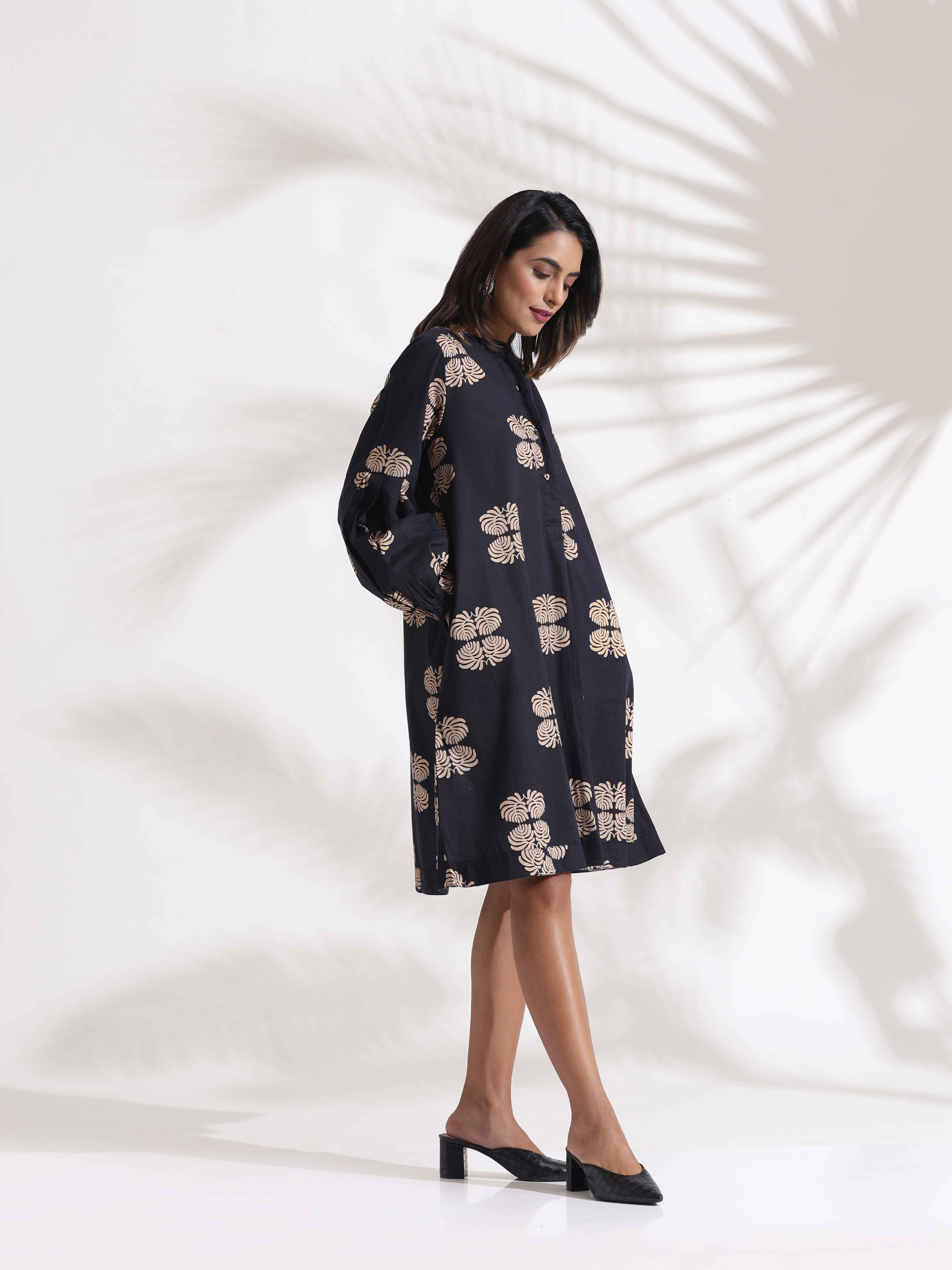 trueBrowns Black Cotton Print Short Dress - Distacart
