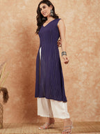 InWeave Royal Blue Lurex V-Neck W/S Front Slit Kurta Pant Set - Distacart