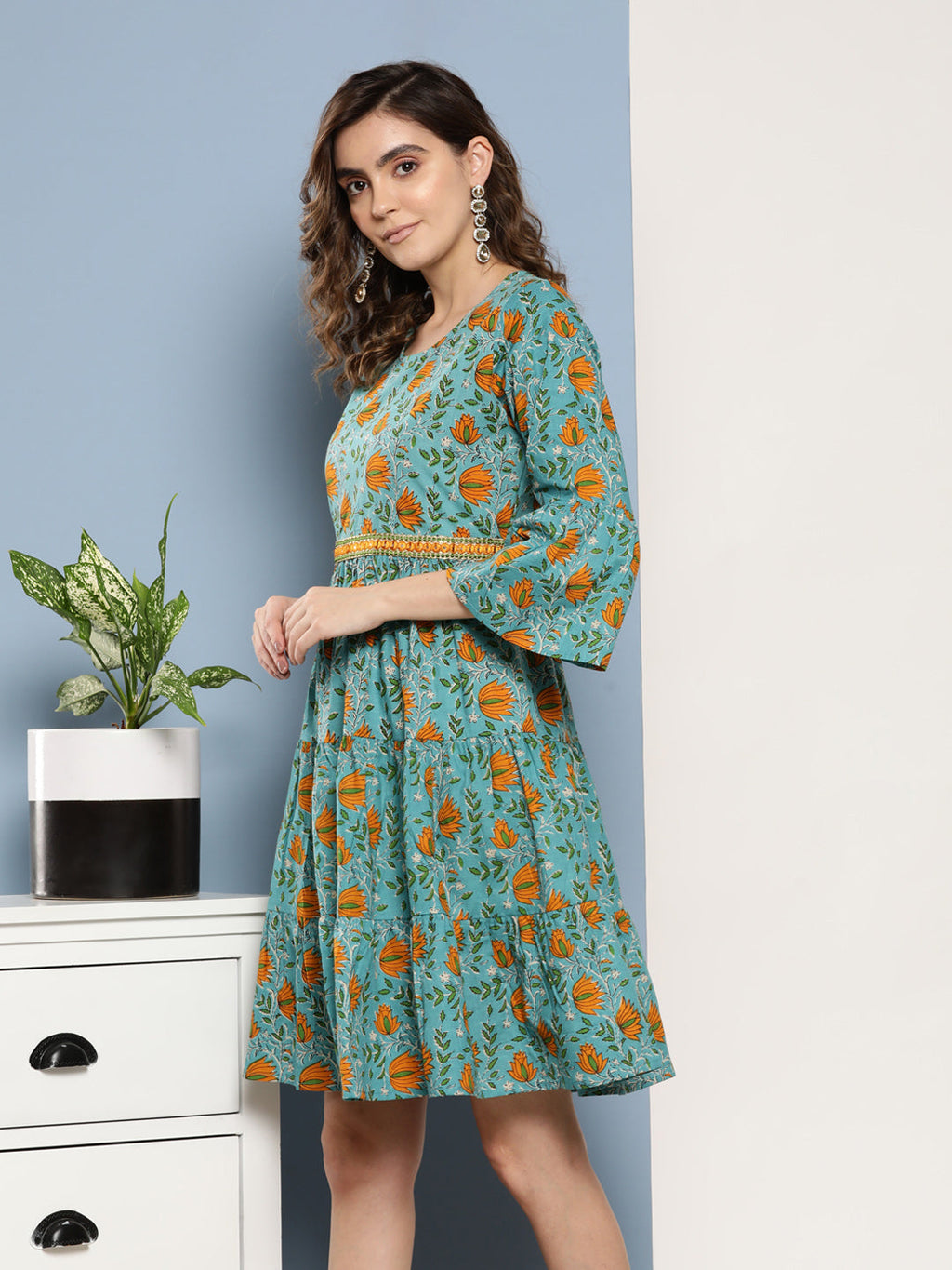 InWeave Women's Blue Mustard Print Short Dress - Distacart