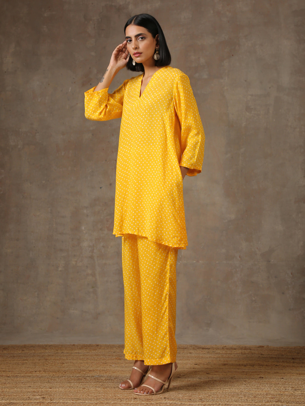 trueBrowns Yellow Bandhani Flare Printed Silk Co-Ord Set | Relove - Distacart