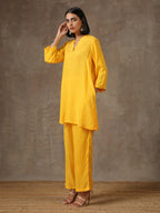 trueBrowns Yellow Bandhani Flare Printed Silk Co-Ord Set | Relove - Distacart