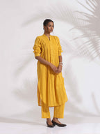 trueBrowns Yellow Cotton Pleated Shirt Kurta Set - Distacart