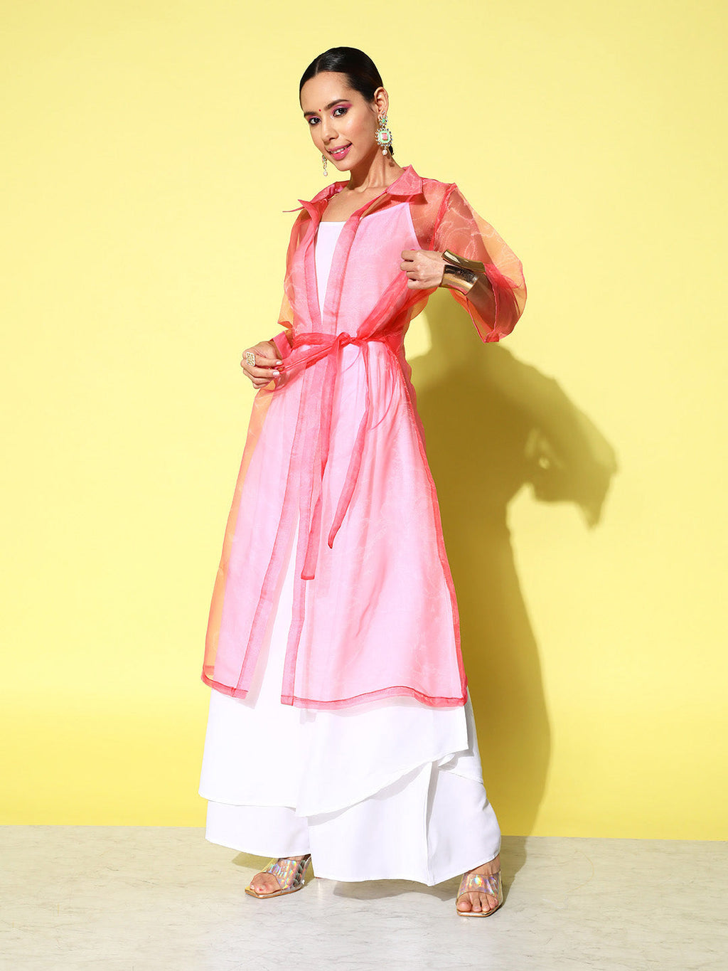 InWeave Women's Cream Strappy Kurta Set With Pink Organza Cape