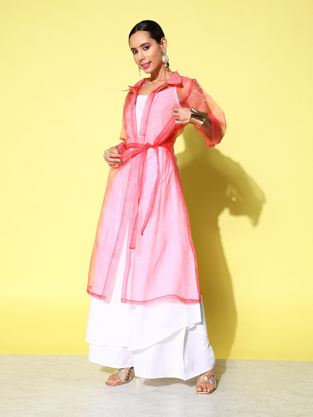 InWeave Women's Cream Strappy Kurta Set With Pink Organza Cape