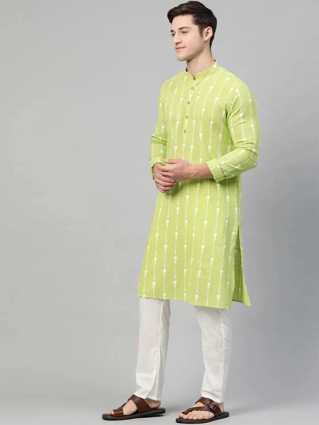 Fabmade Lime Green And White Printed Straight Kurta