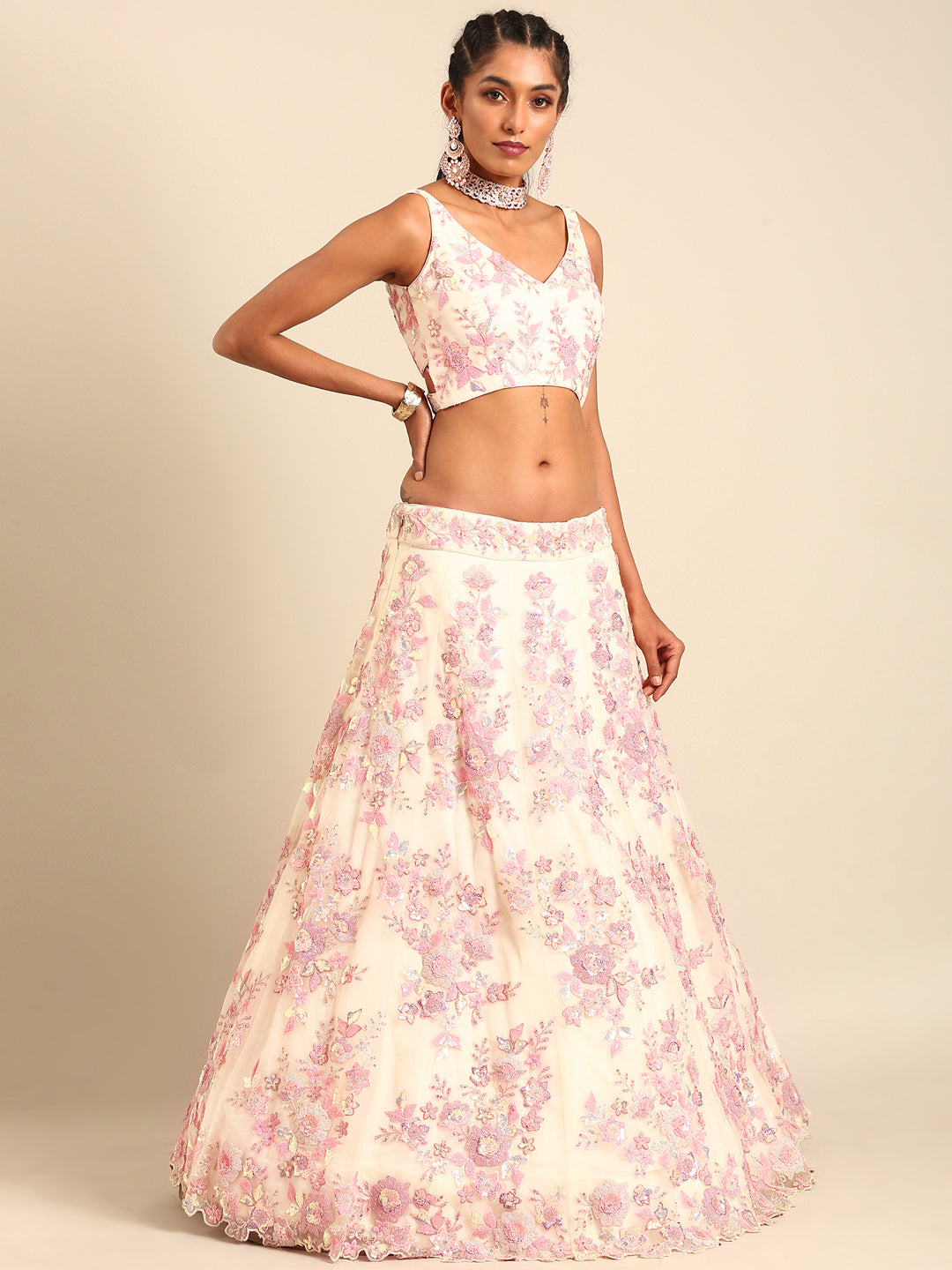 House of Panchhi Cream Net Sequins with heavy Zarkan embroidery Lehenga choli & Dupatta