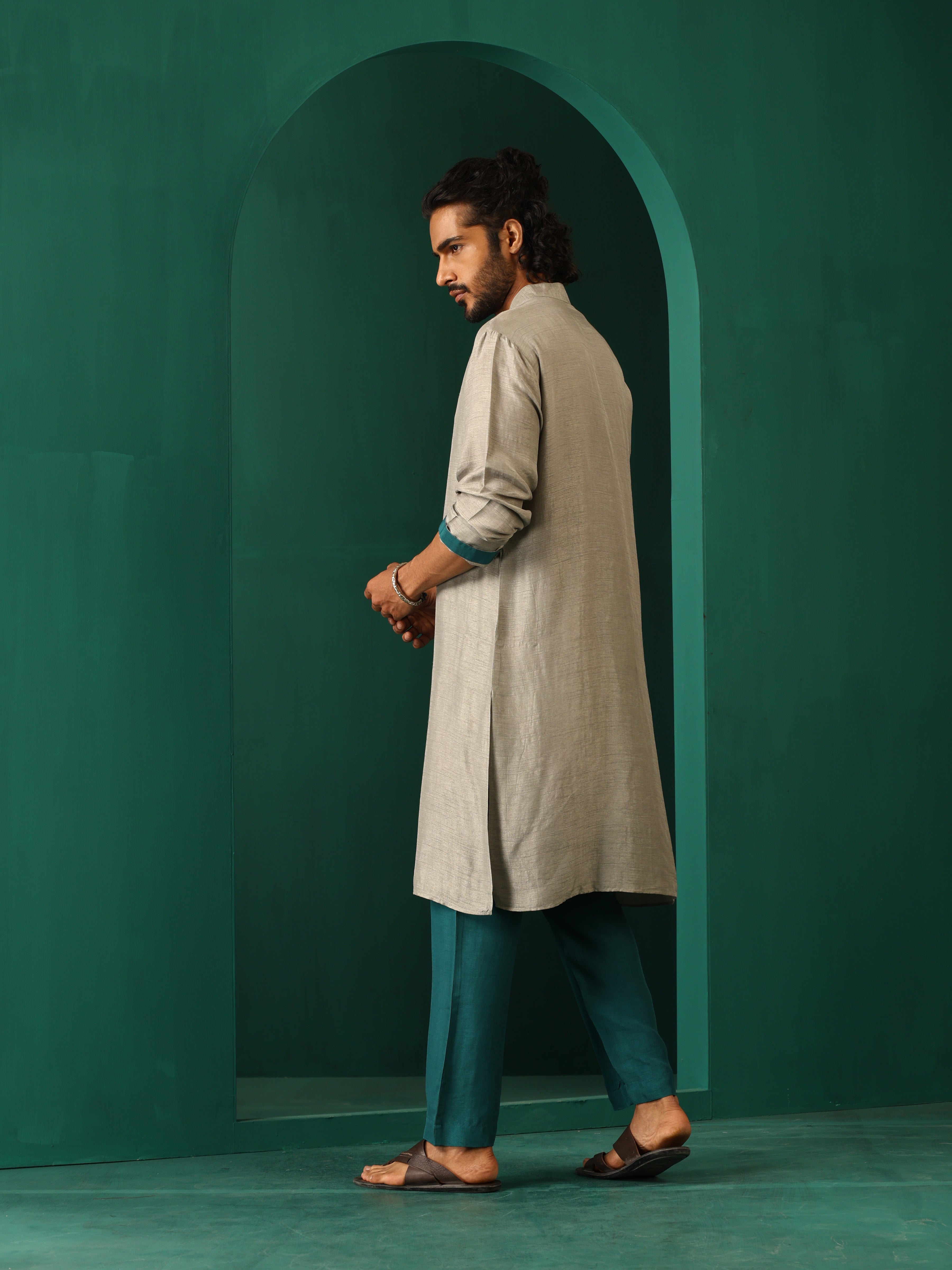 trueBrowns Men's Grey Silk Long Kurta