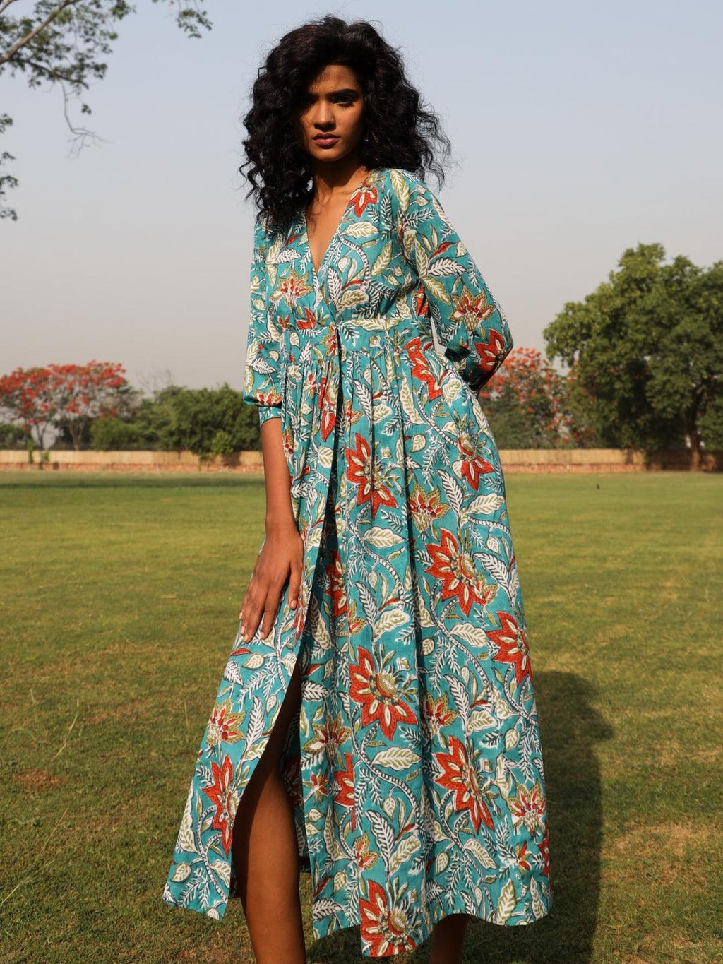trueBrowns Teal Cotton Block Print Wrap Dress - Distacart