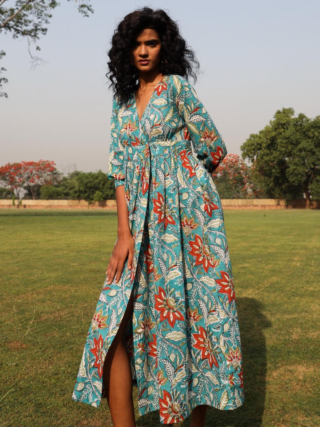 trueBrowns Teal Cotton Block Print Wrap Dress - Distacart