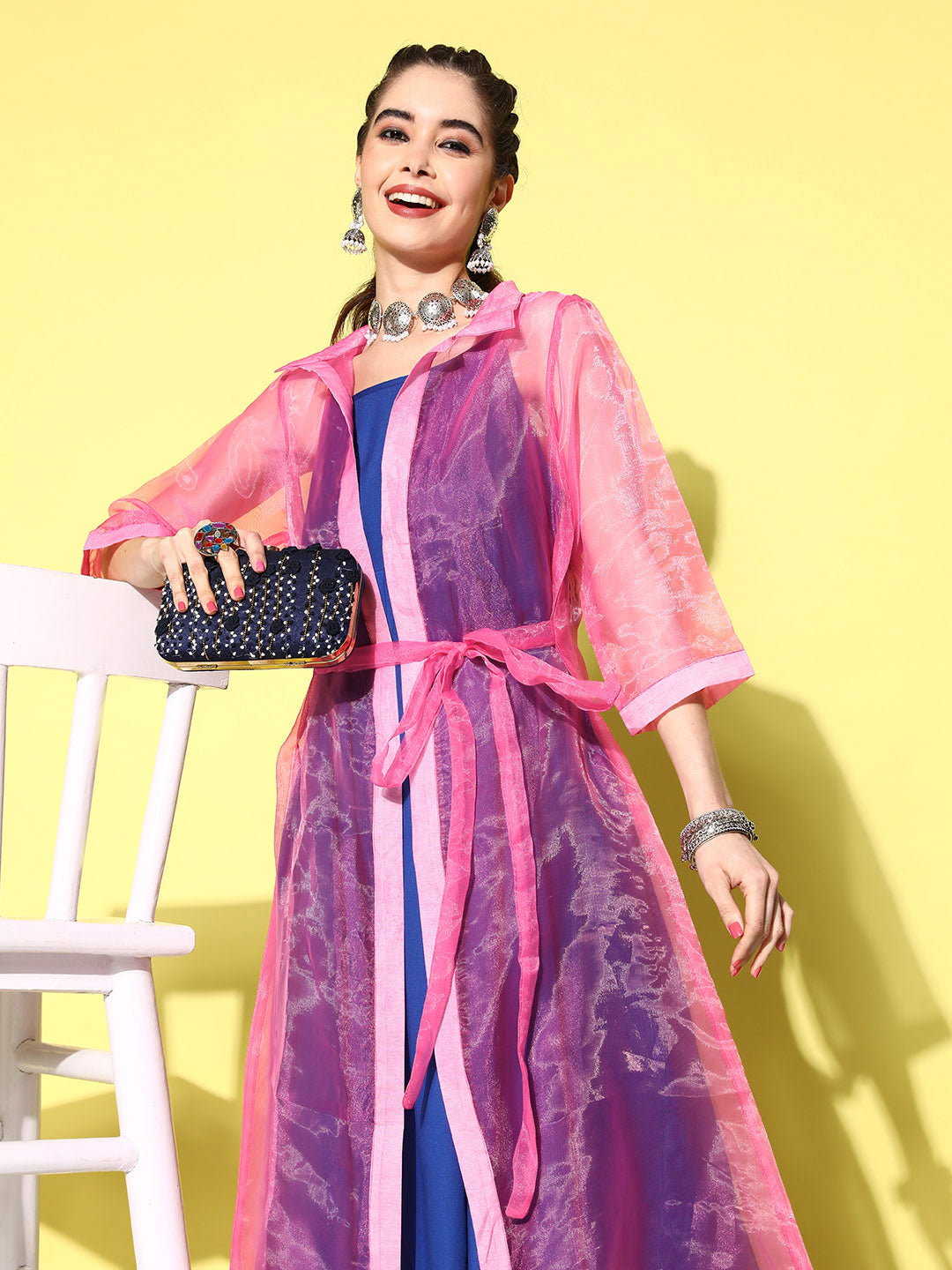 InWeave Women's Ink Blue Strappy Kurta Set With Pink Organza Cape