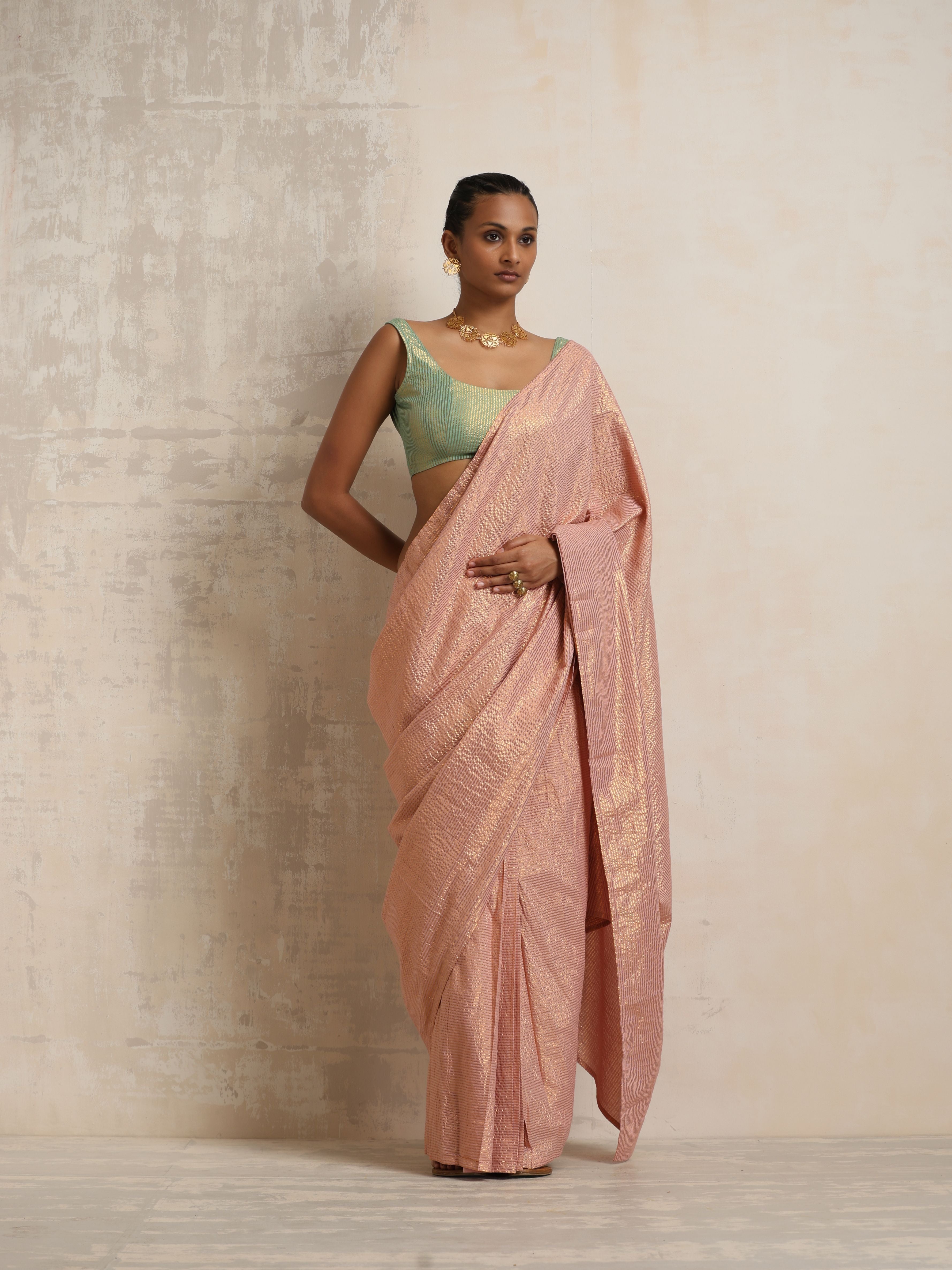 trueBrowns Pink Gold Lurex Ready To Wear Saree
