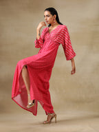 trueBrowns Pink Bandhani Printed Silk Drop Shoulder Dress - Distacart