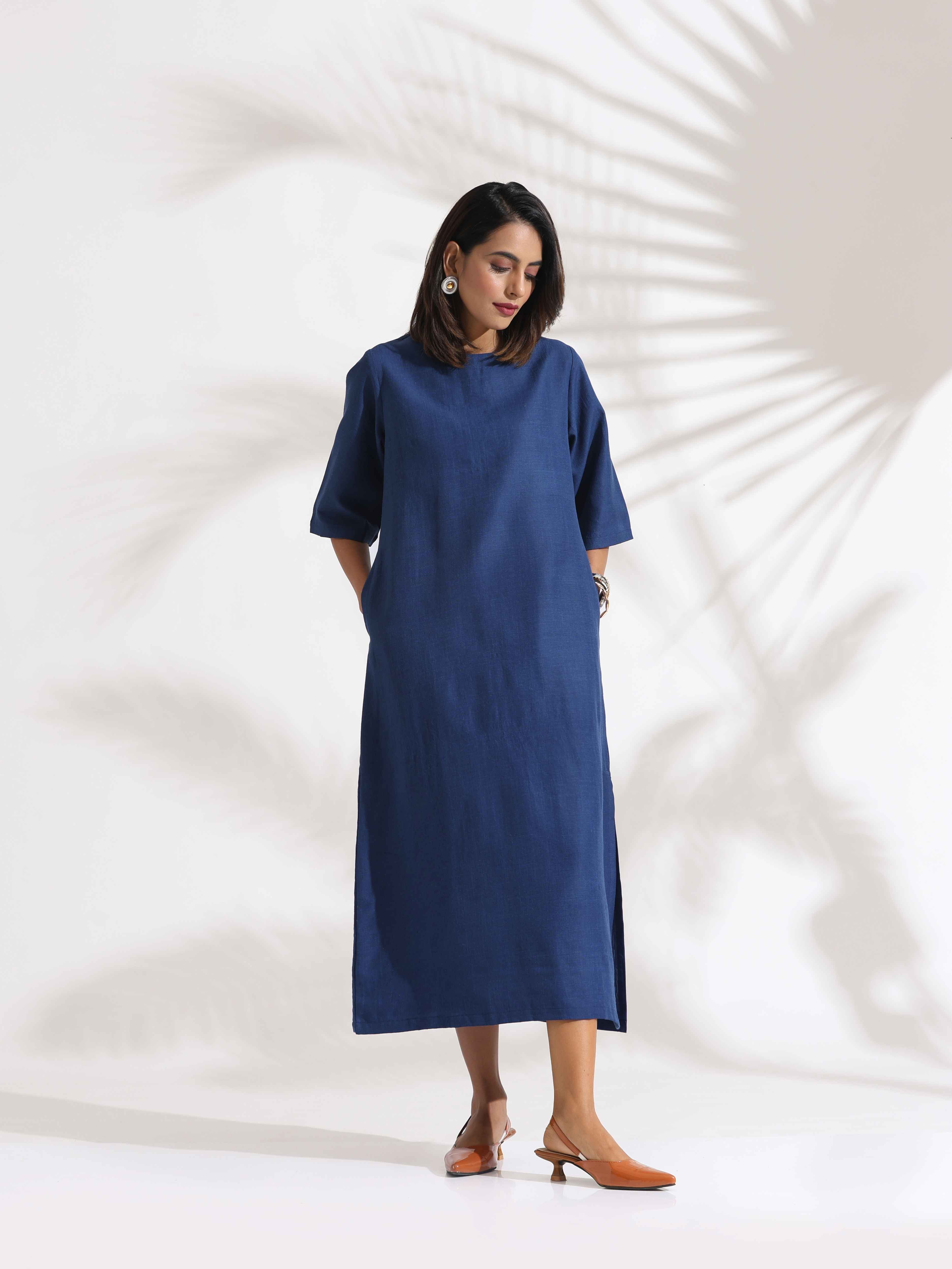 trueBrowns Blue Slub Dress - Distacart