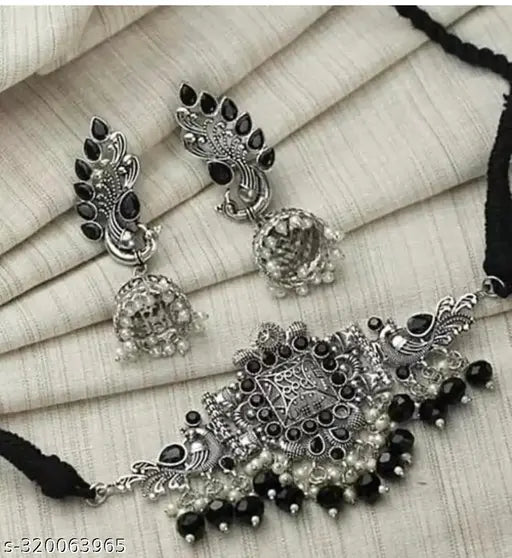 Tehzeeb Creations Women's Oxidised Necklace And Earring With Black Beads And Pearl