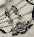 Tehzeeb Creations Women's Oxidised Necklace And Earring With Black Beads And Pearl